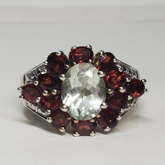 Sterling Silver Jewelry - Prasiolite & Garnet Gemstone Ring, Size 6.25